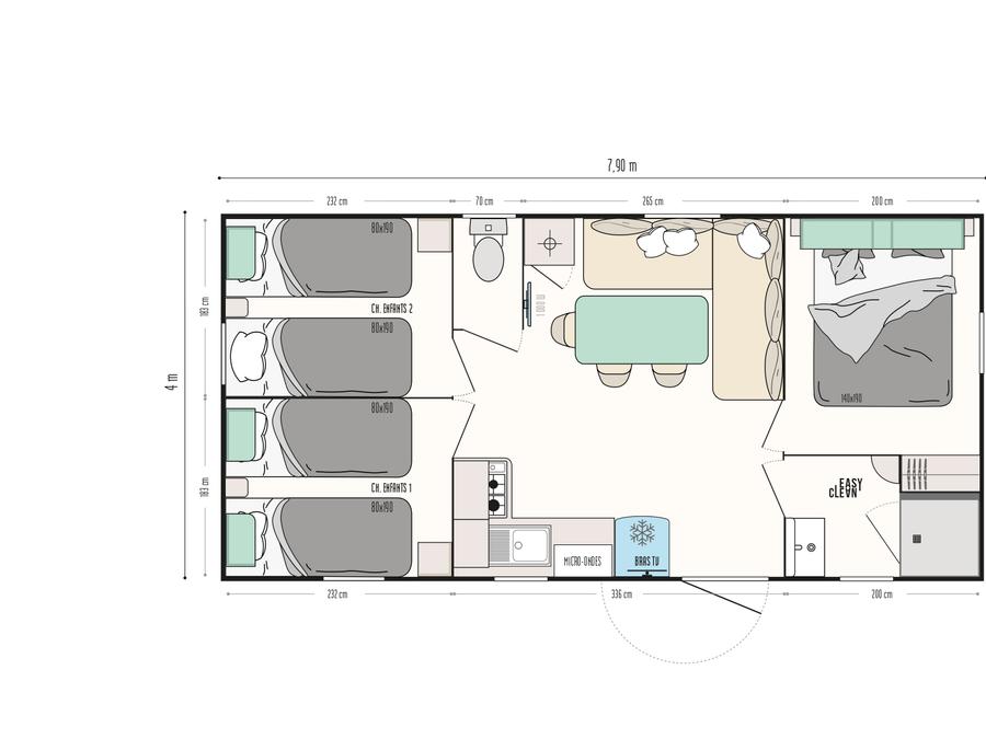Mobilhome 6 personnes - PREMIUM, trois chambres, avec sanitaires 8