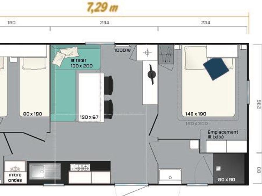 Mobilhome 4 personnes - 2 chambres Super Mercure Confort 30m², emplacement lit bébé 2