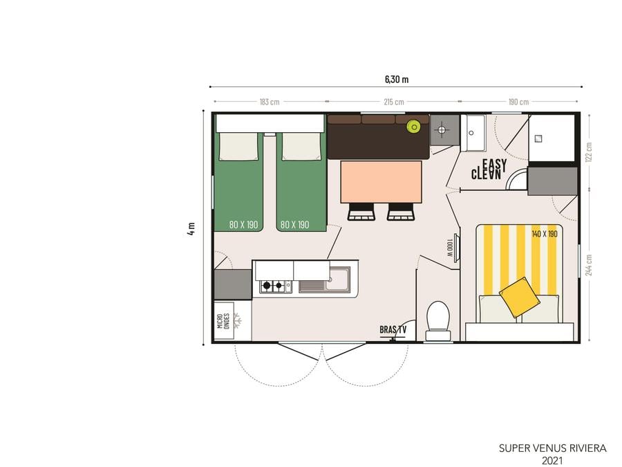 Mobilhome 4 personnes - 2 chambres Venus Confort 22m² - climatisation 5