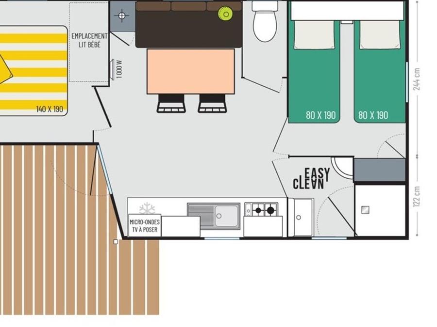 Mobilhome 4 personnes - Cottage 2 chambres - 22 m² - 4 personnes (2 adultes max) - Animaux non acceptés. Terrasse 7 m² 3