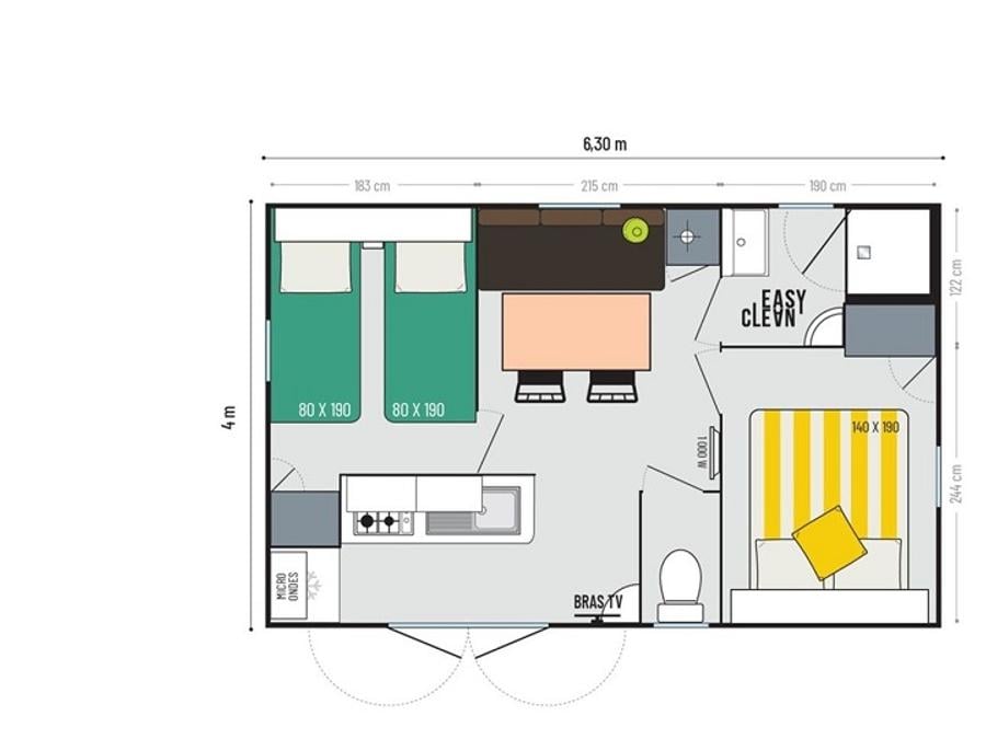 Mobilhome 4 personnes - Plein Sud 22 m² 2 chambres (4 personnes - 2 adultes maxi) 3
