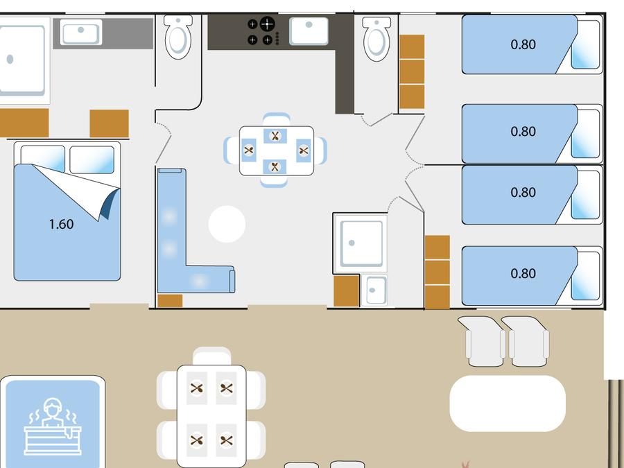 Mobilhome 6 personnes - TAOS Luxe 40m2 terrasse 35m2+ jacuzzi privatif - 6 pers 3 chambres 2 salles de bain - clim 7
