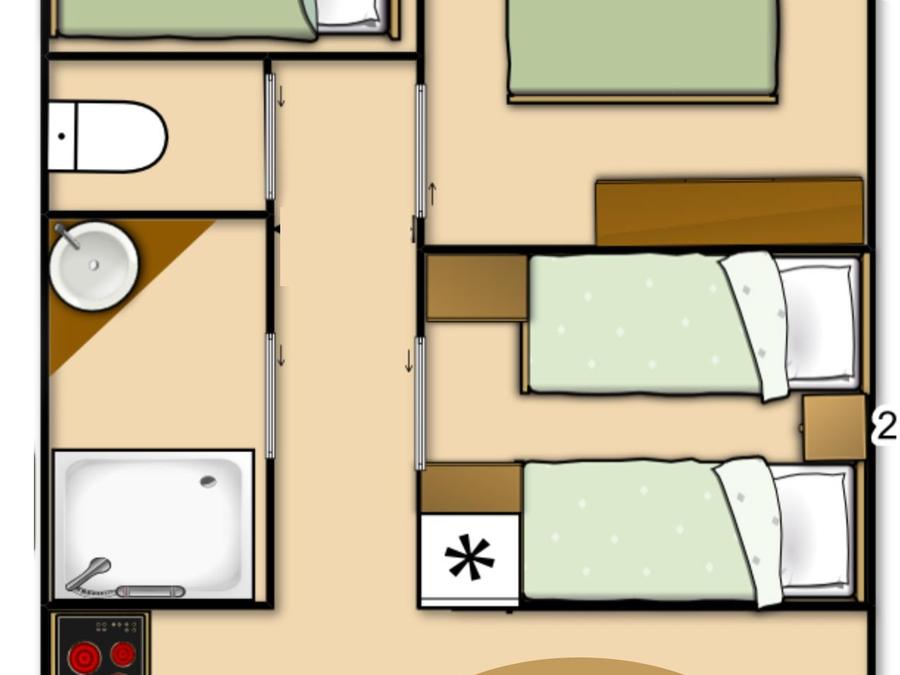 Tente en toile et en bois 6 personnes - Lodge WOODY 50m² avec terrasse couverte - 3 chambres (avec sanitaires) 9