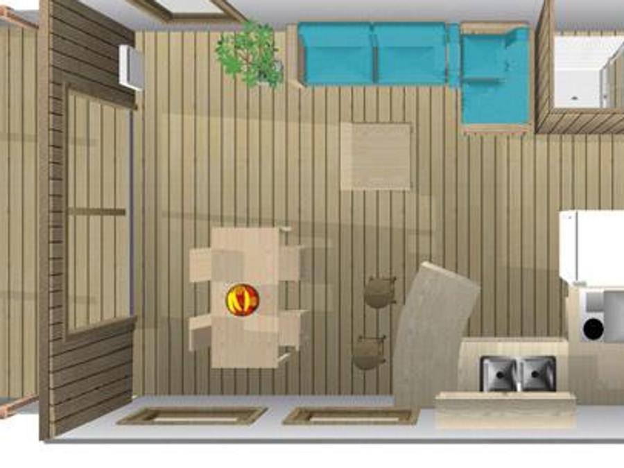 Hébergement 7 personnes - Cabane Lodge Premium sur pilotis 32m² - 2 chambres (avec sanitaires) + terrasse + TV 4/7 pers. 4