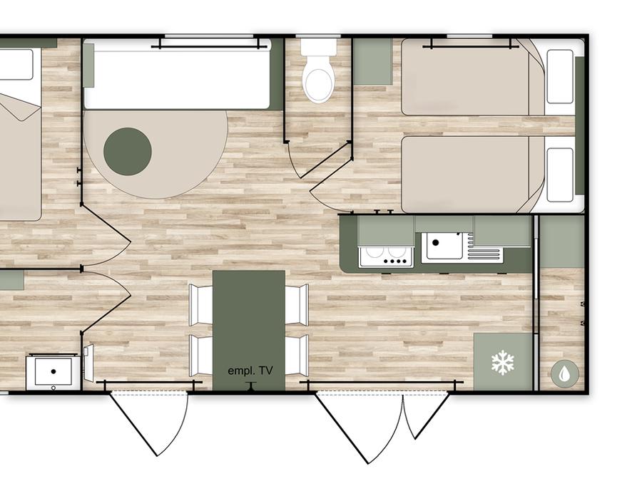 Mobilhome 4 personnes - COTTAGE Premium 2ch  29m² 2 chambres + TV + Lave-vaisselle + climatisation + plancha + terrasse XL 8