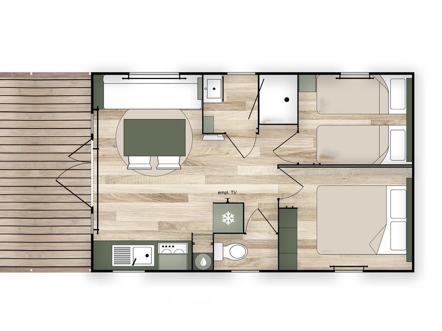 Mobilhome 4 personnes - COTTAGE Premium 2ch  29m² 2 chambres + TV + Lave-vaisselle + climatisation + plancha + terrasse XL 9