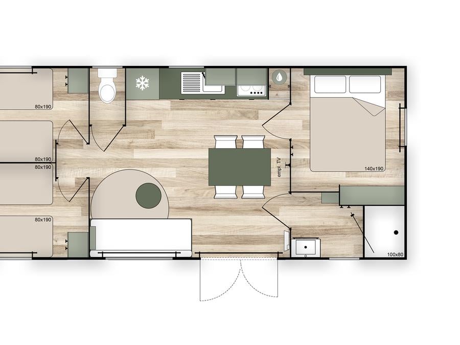 Mobilhome 6 personnes - COTTAGE Premium 3ch  35m² 3 chambres + TV + Lave-vaisselle + climatisation + plancha + terrasse XL 12