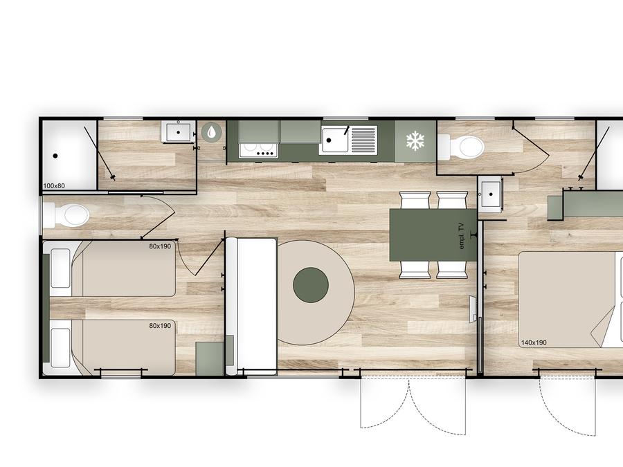 Mobilhome 4 personnes - COTTAGE Premium 2 ch 2 salles de bain 35 m2 +TV + Lave-vaisselle + clim + plancha + terrasse XL 6
