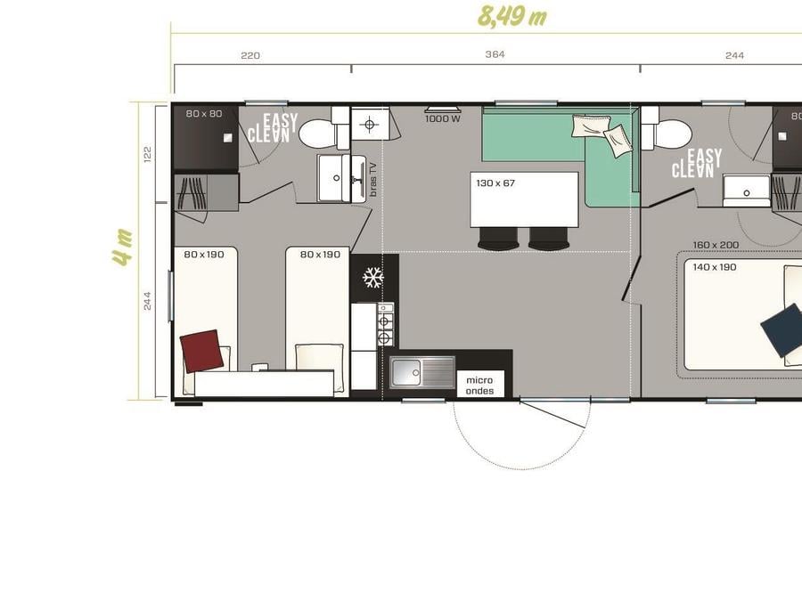 Mobilhome 4 personnes - Mobil-home Premium 34 m² - 2 chambres + 2 salles de bains + terrasse semi-couverte + spa privatif 5