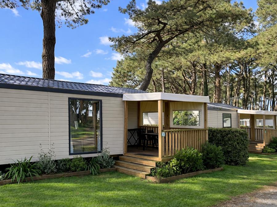 Mobilhome 4 personnes - Mobil home Confort - 25m² - 2 chambres - terrasse couverte côté 2