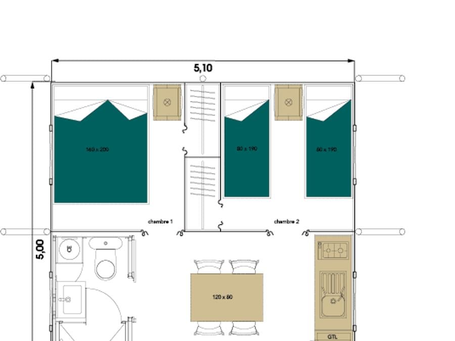 Tente en toile et en bois 4 personnes - Lodge Toilé Confort 25m² (2 chambres) - avec sanitaires - terrasse couverte 8