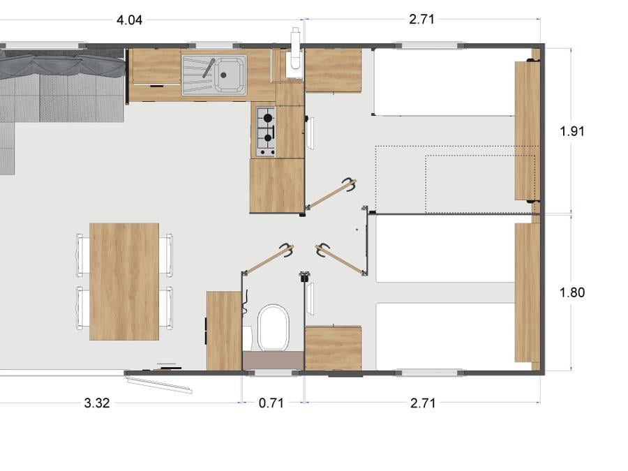 Mobilhome 6 personnes - Confort 35M2 (3ch-6 pers) + terrasse couverte 9
