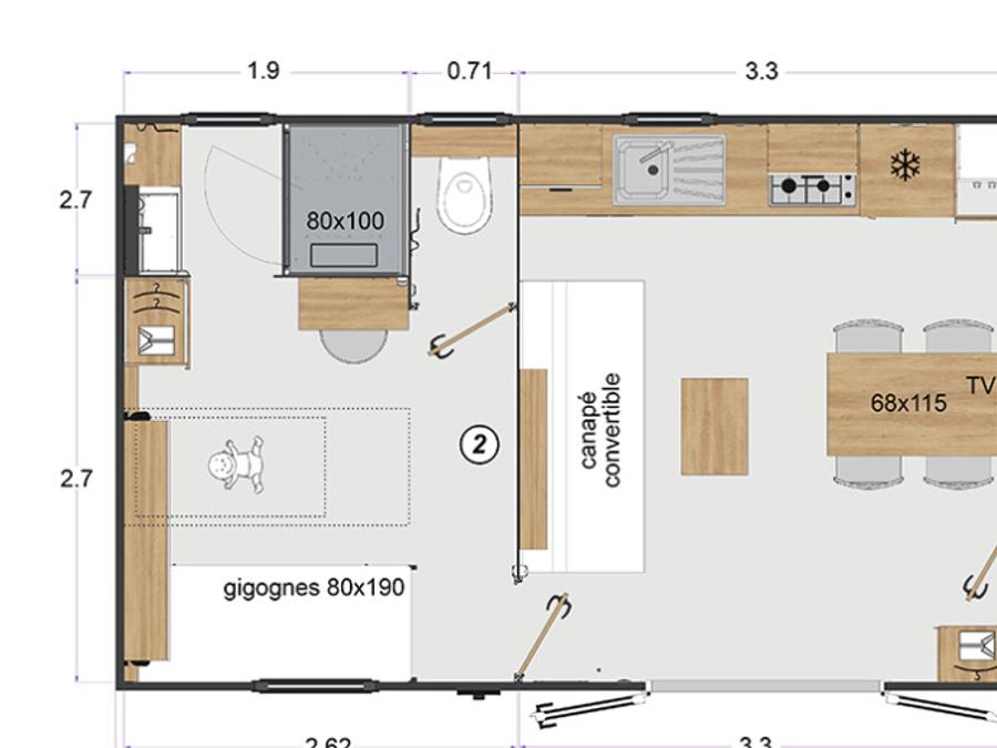 Mobilhome 4 personnes - Mobil home Premium 2 chambres 32m² + Terrasse semi-couverte + 2 salles de bain 8