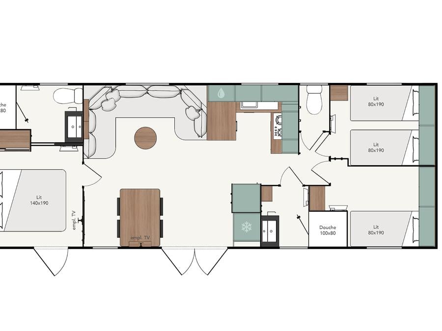 Mobilhome 6 personnes - Cottage Privilège 40m2 (3 chambres, 2 sdb) +climatisation + terrasse 2