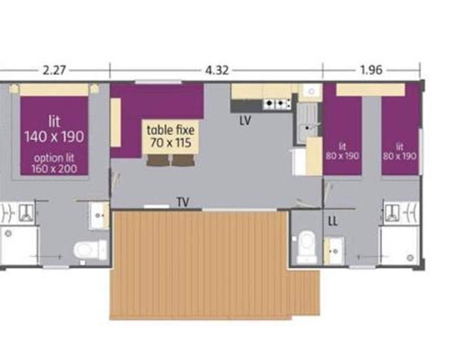 Mobilhome 6 personnes - CLASSIC 33-2-2 >10ans - maxi 4 adultes - TV, 2 chambres - 2 salles d'eau, environ 33m² 4