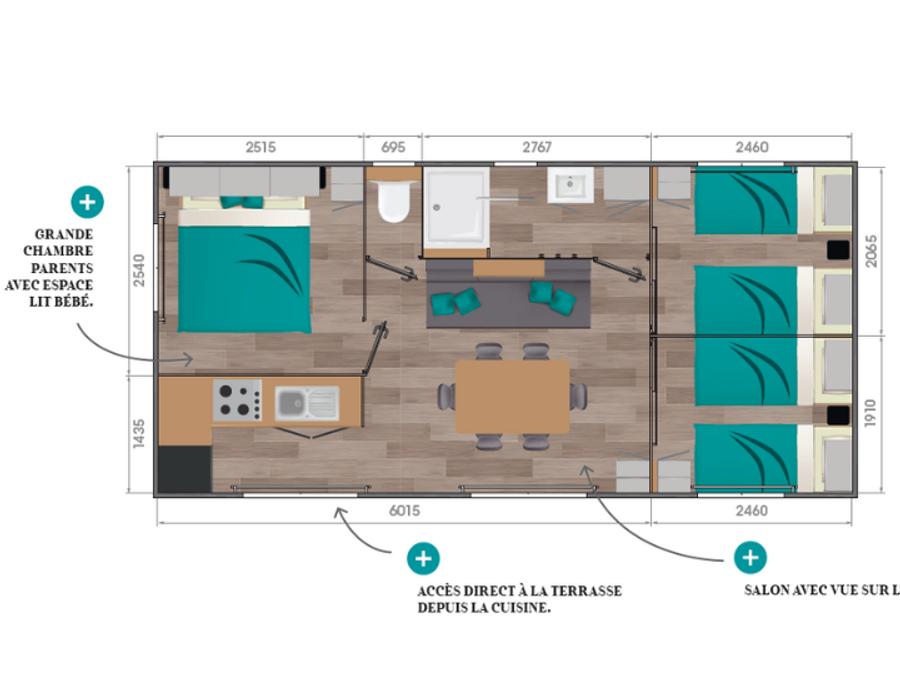 Mobilhome 6 personnes - Confort 34m² (3 chambres) + Terrasse + TV + lave-vaisselle 5