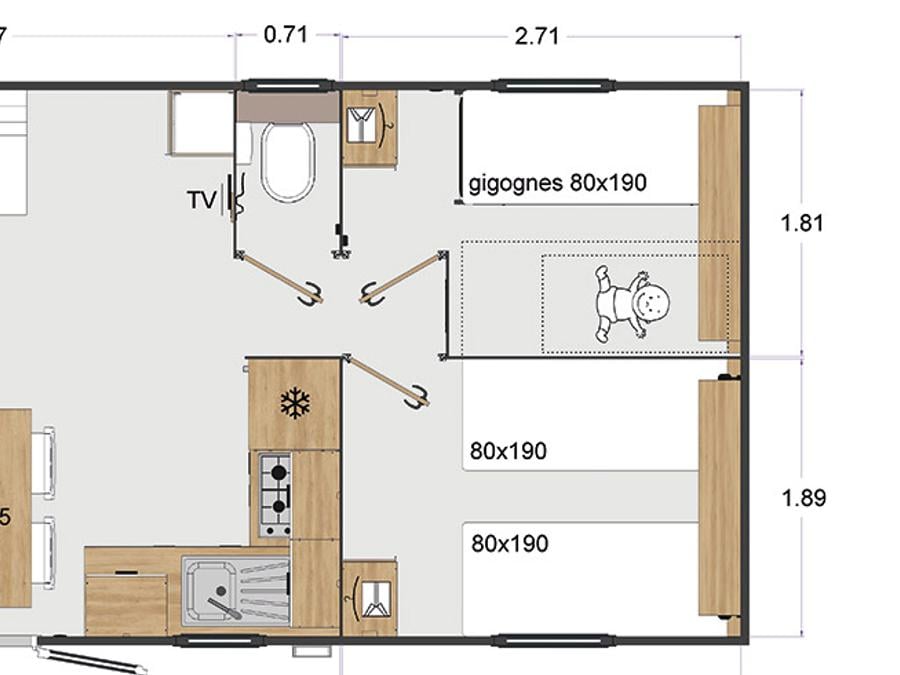 Mobilhome 6 personnes - Mobil-home Premium 32 m² 3 chambres + terrasse 21m² + TV + LV + clim + plancha 6 pers 10