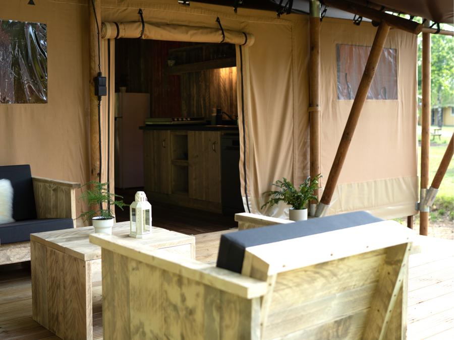 Tente en toile et en bois 6 personnes - Safari Prestige Plus 6pers 3ch 1SDB 49m² 2