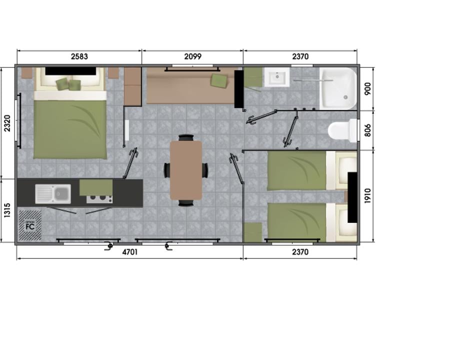 Mobilhome 4 personnes - Mobil-Home CONFORT 28m² 2 chambres avec terrasse couverte 3