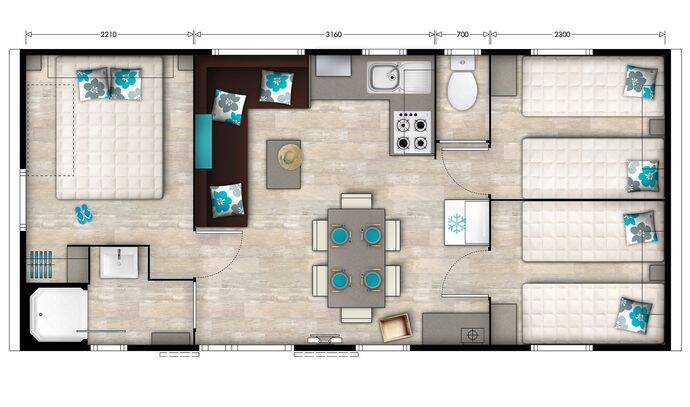 Mobil-home | Premium | 3 Ch. | 6 pers. | Terrasse surélevée | A/C 6