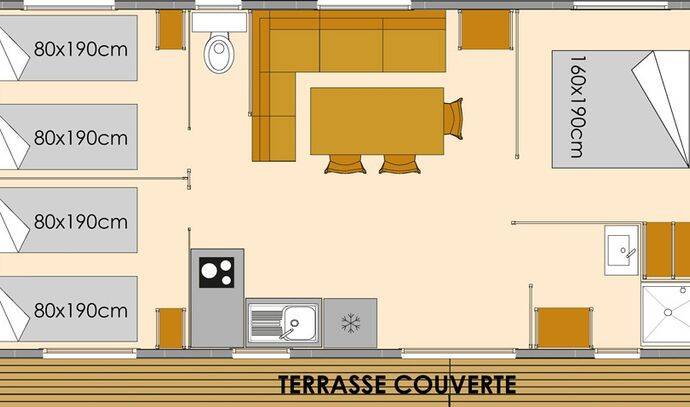 Mobil-home | Premium | 3 Ch. | 6 pers. | Terrasse surélevée | A/C 6
