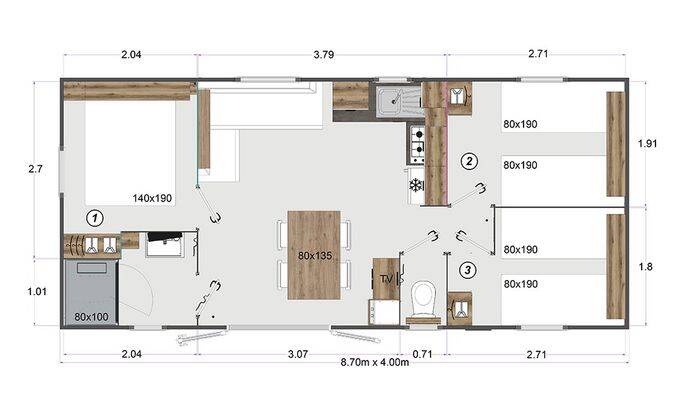 Mobil-home | Premium | 3 Ch. | 6 pers. | Terrasse surélevée | TV 5