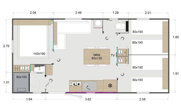 Mobil-home | Comfort | 3 Ch. | 6 pers. | Terrasse surélevée | A/C 3