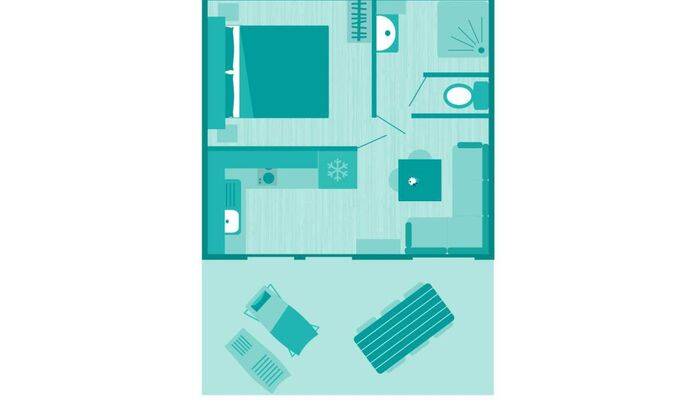 Mobil-home | Comfort | 1 Ch. | 2/3 pers. | Terrasse surélevée | A/C | TV 4